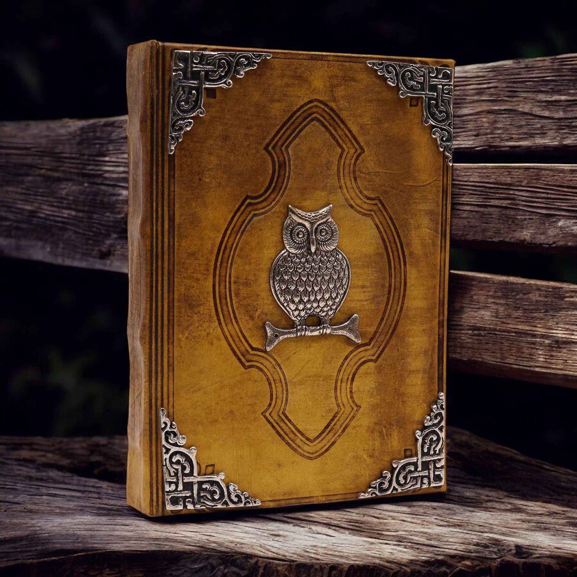 The Emporium Heavy Coffee Tan Book with Zinc Owl Decor - 200 Pages