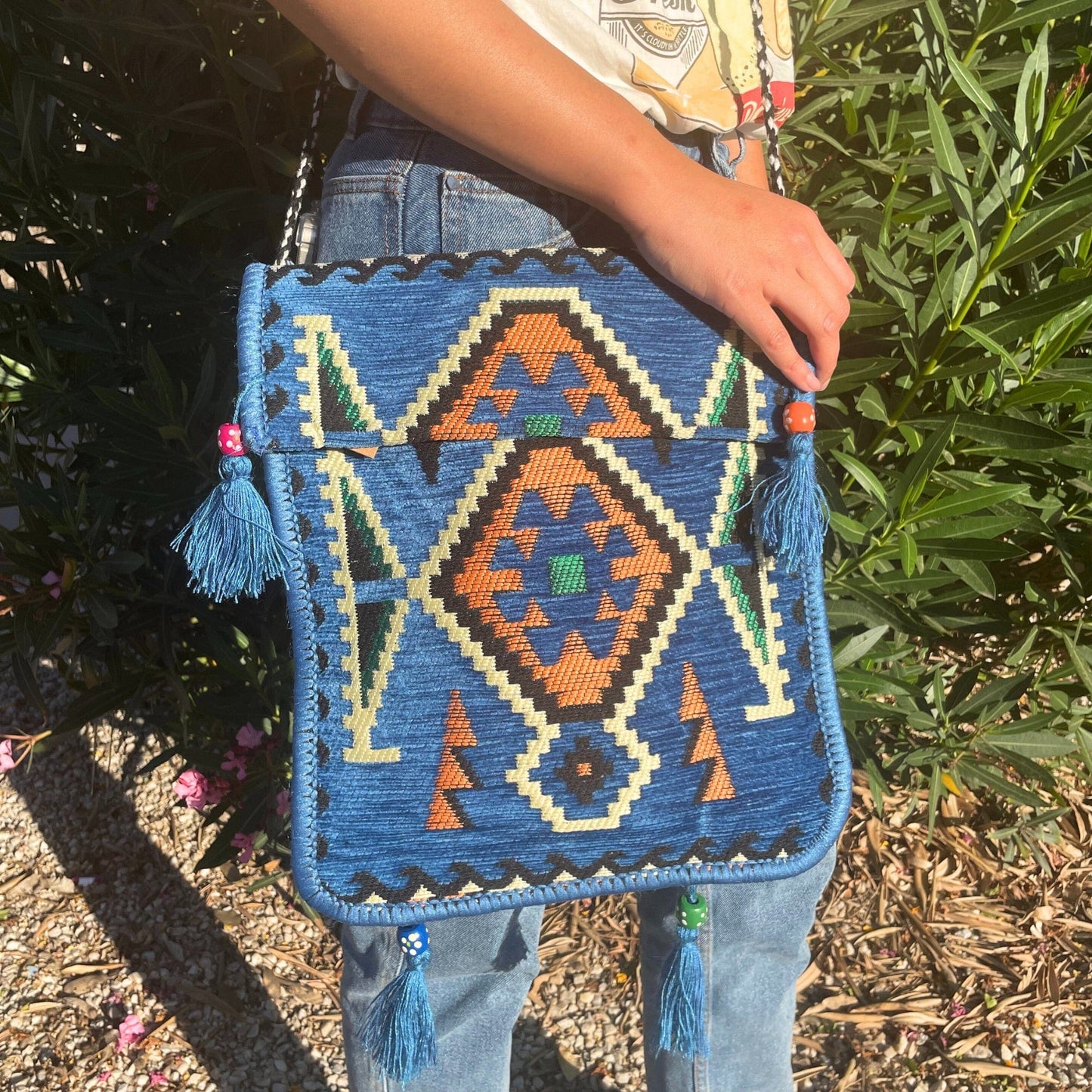 The Emporium The Emporium Sky Blue Kilim Messenger Festival Bag